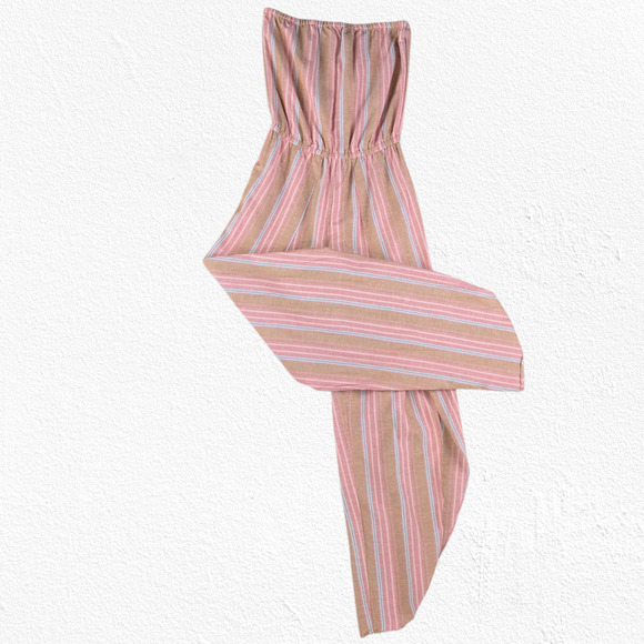 Drew Strapless Salmon Brown Striped Linen Blend Wide Leg Slit Jumpsuit Size XS - Picture 1 of 11
